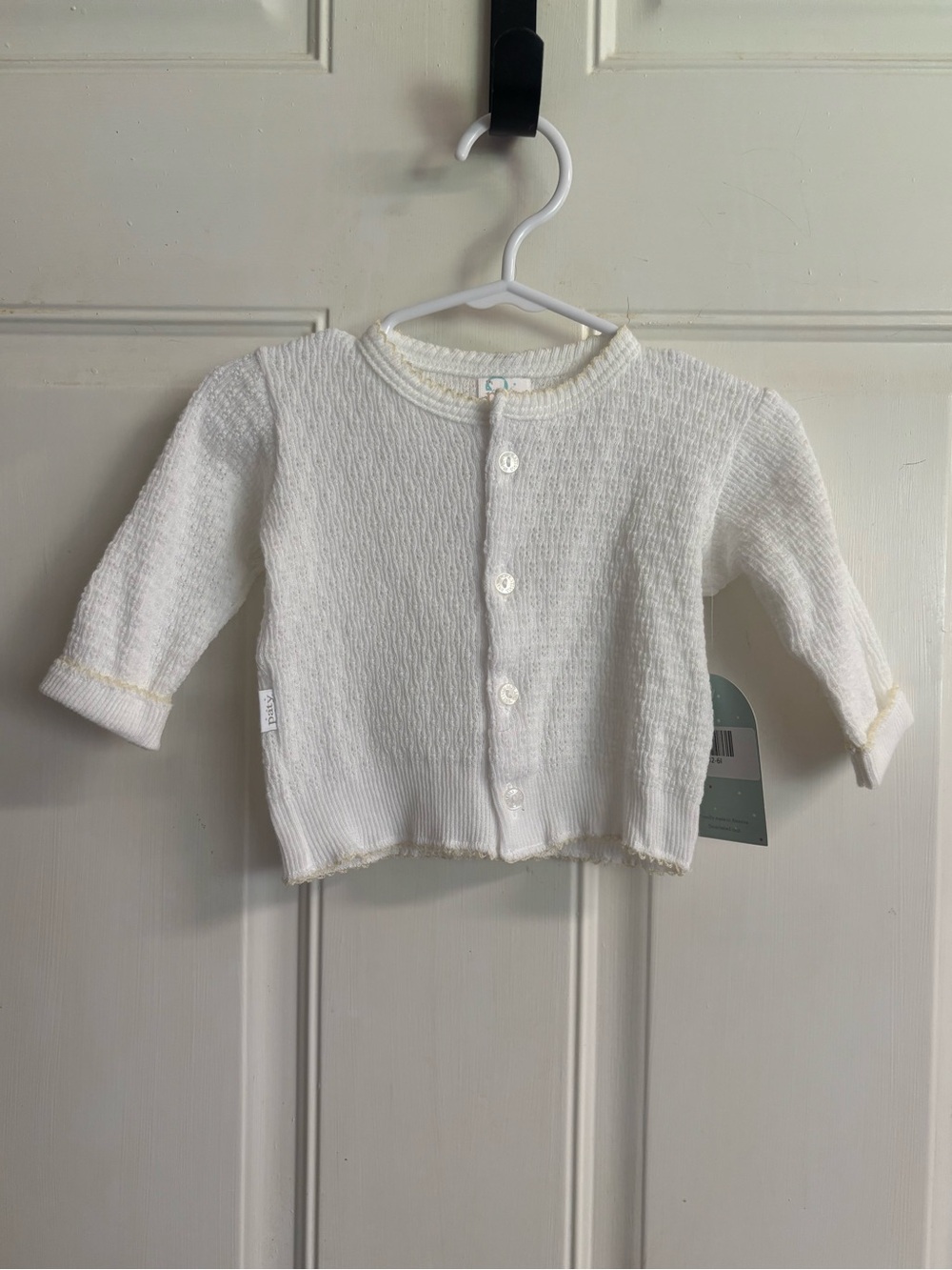 NWT 6M Paty white/tan trim long sleeve, button up Sweater.  Retail 40.00.